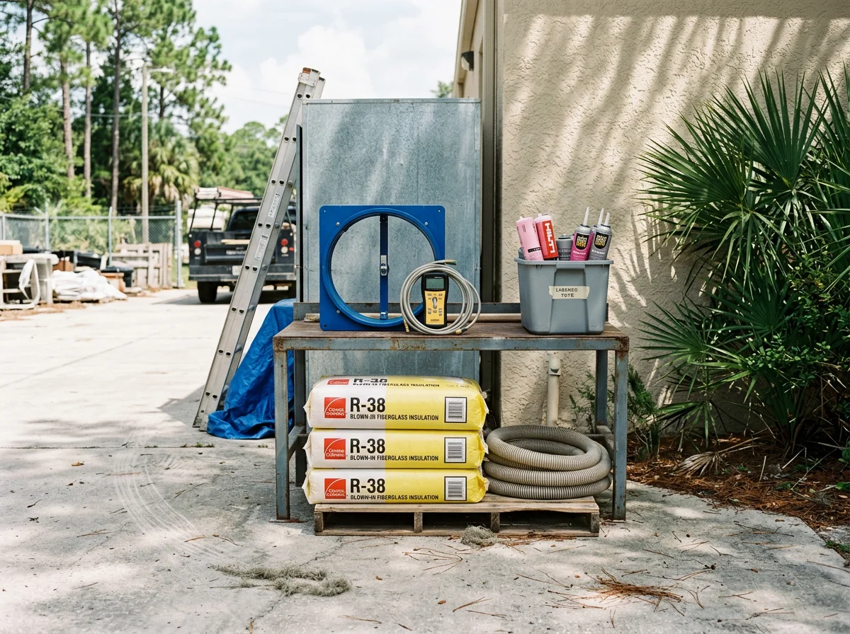 Environmental photo of tools and equipment used for home insulation and energy work. No people are shown in the image.