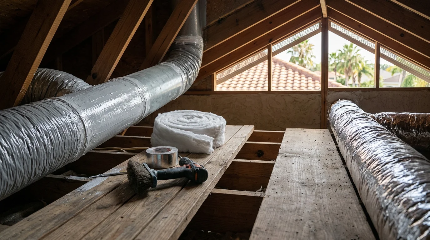 Technician sealing AC ductwork in a Jacksonville attic