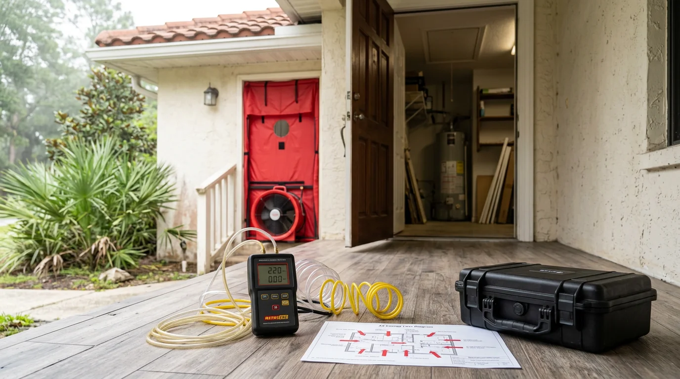 Energy auditor using a blower door test on a Jacksonville home