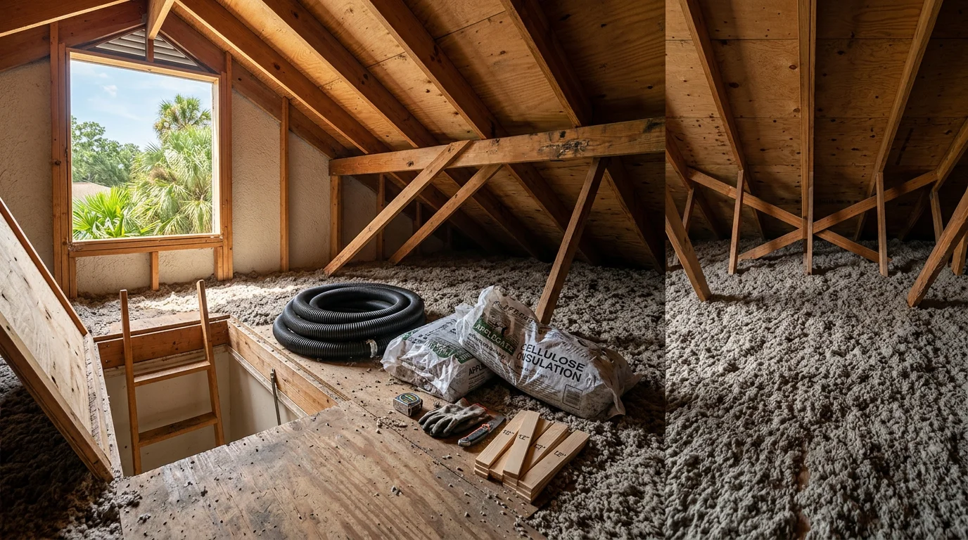 Technician installing blown-in insulation in a Jacksonville attic