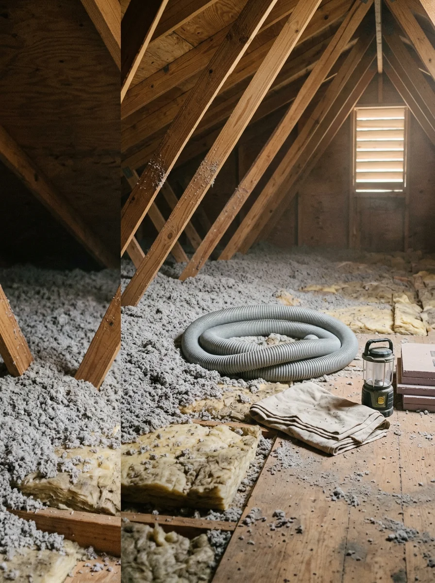 Blown-in insulation being applied to a Baker County home attic floor, covering existing compressed batts with a deep layer of new loose-fill material.