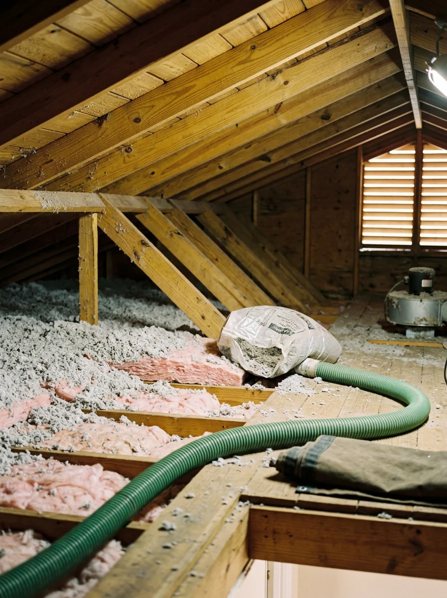 Blown-in insulation hose positioned in a Bradford County home attic, with loose-fill material being applied to cover a previously under-insulated attic floor.