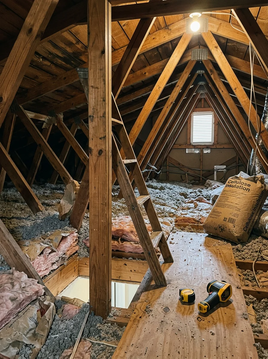 Technician measuring attic insulation depth with a ruler in a Clay County residential attic during a whole-home energy audit.