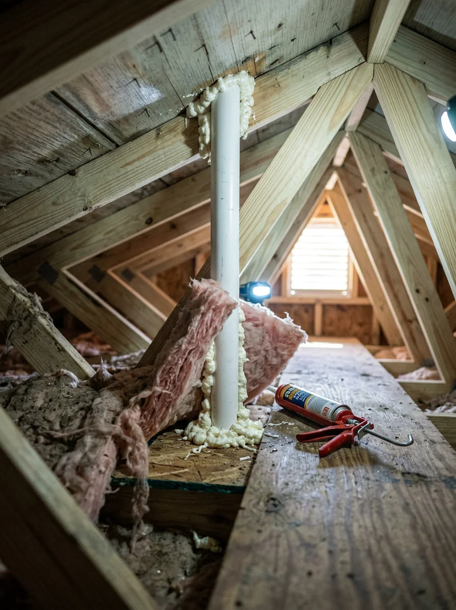Close-up of attic air sealing work around a ceiling penetration in a Jacksonville residential home, with foam sealant being applied to close gaps.
