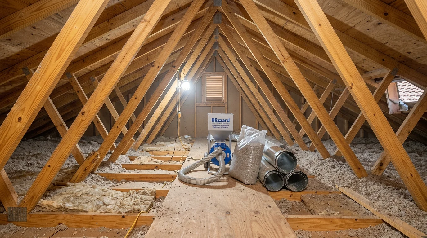 Technician blowing insulation into a Jacksonville home attic with exposed wood trusses and existing thin fiberglass batts visible on the attic floor.