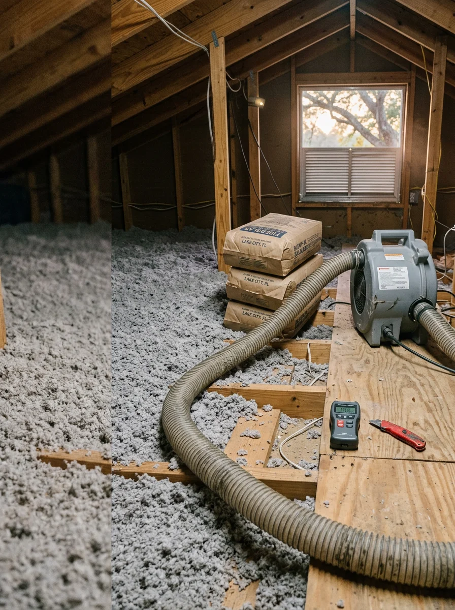 Technician applying blown-in insulation to a Lake City home attic, with a hose running from the blower machine and loose-fill material covering the attic floor joists.