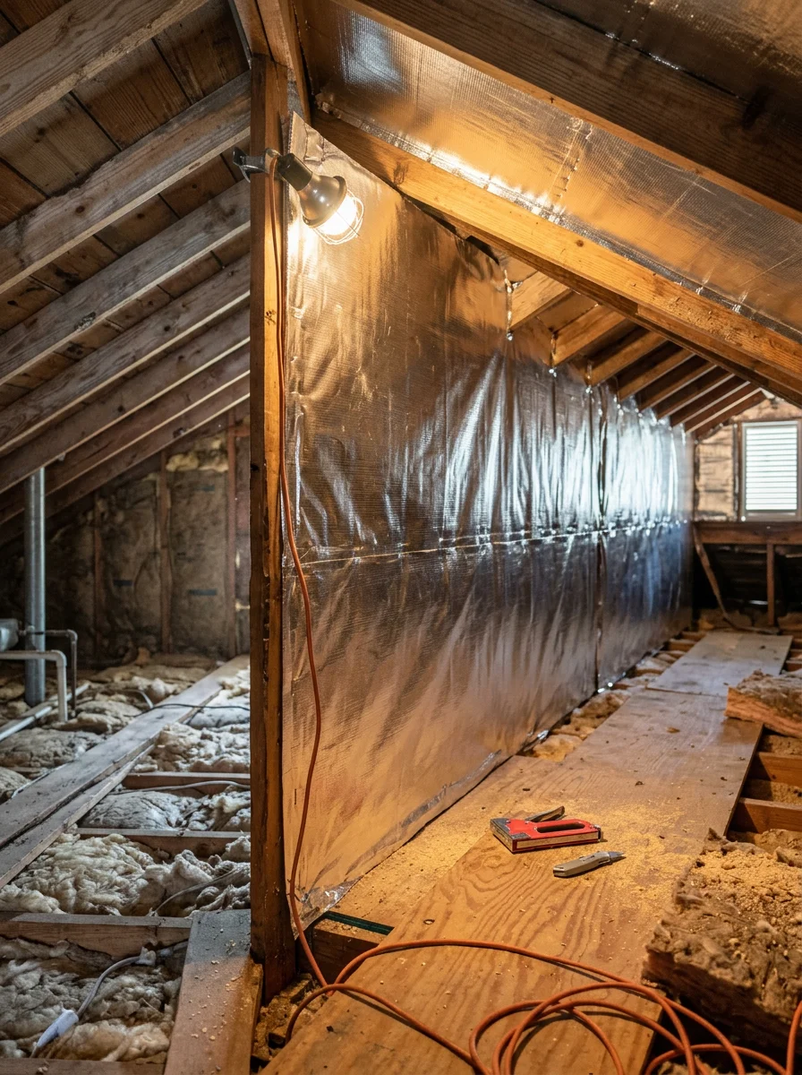 Radiant barrier foil being installed under roof deck rafters in a Nassau County home attic, reflecting light from the installation work lamp.