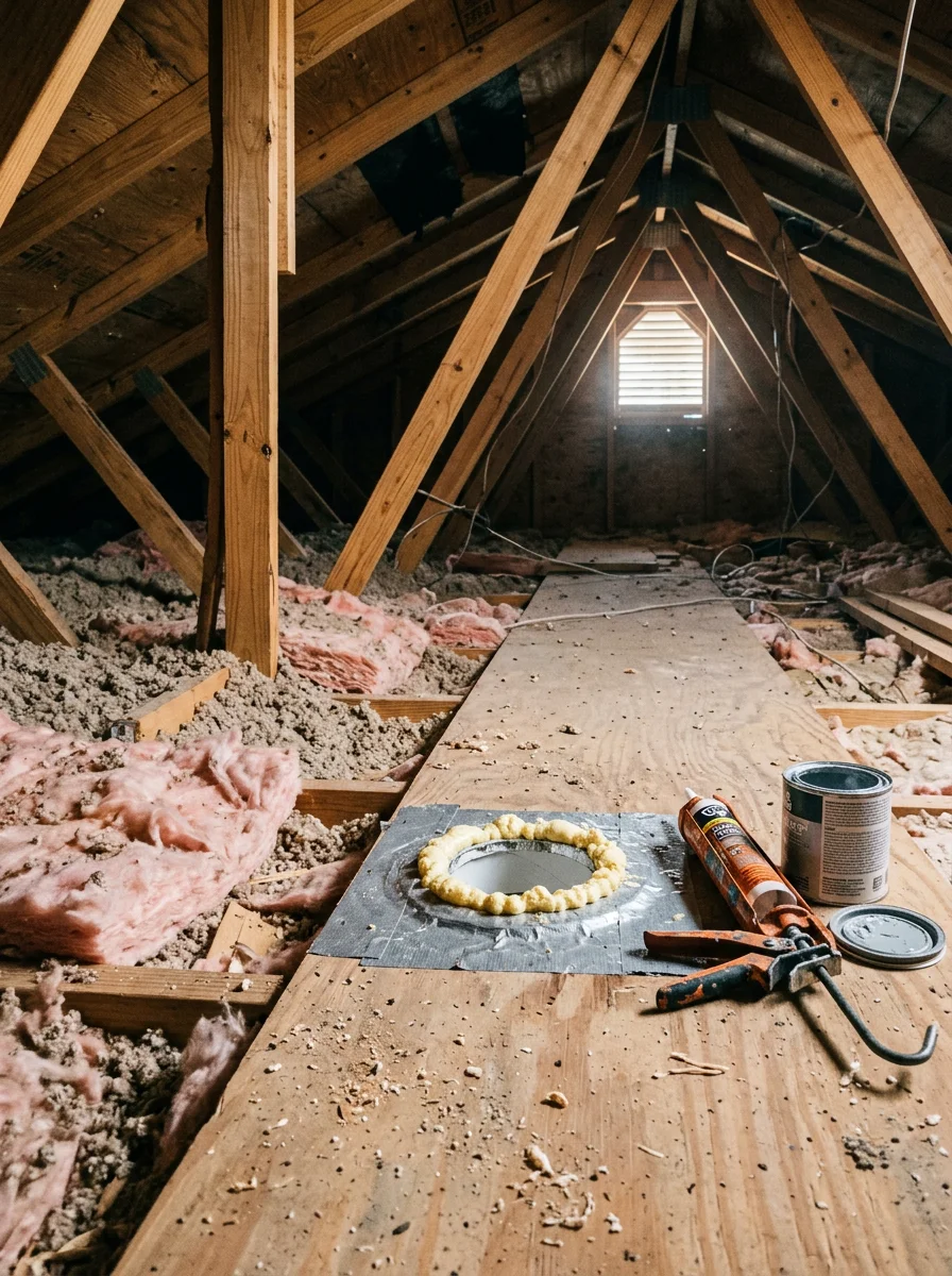Technician performing attic air sealing around a ceiling light fixture penetration in a St. Johns County residential home attic.