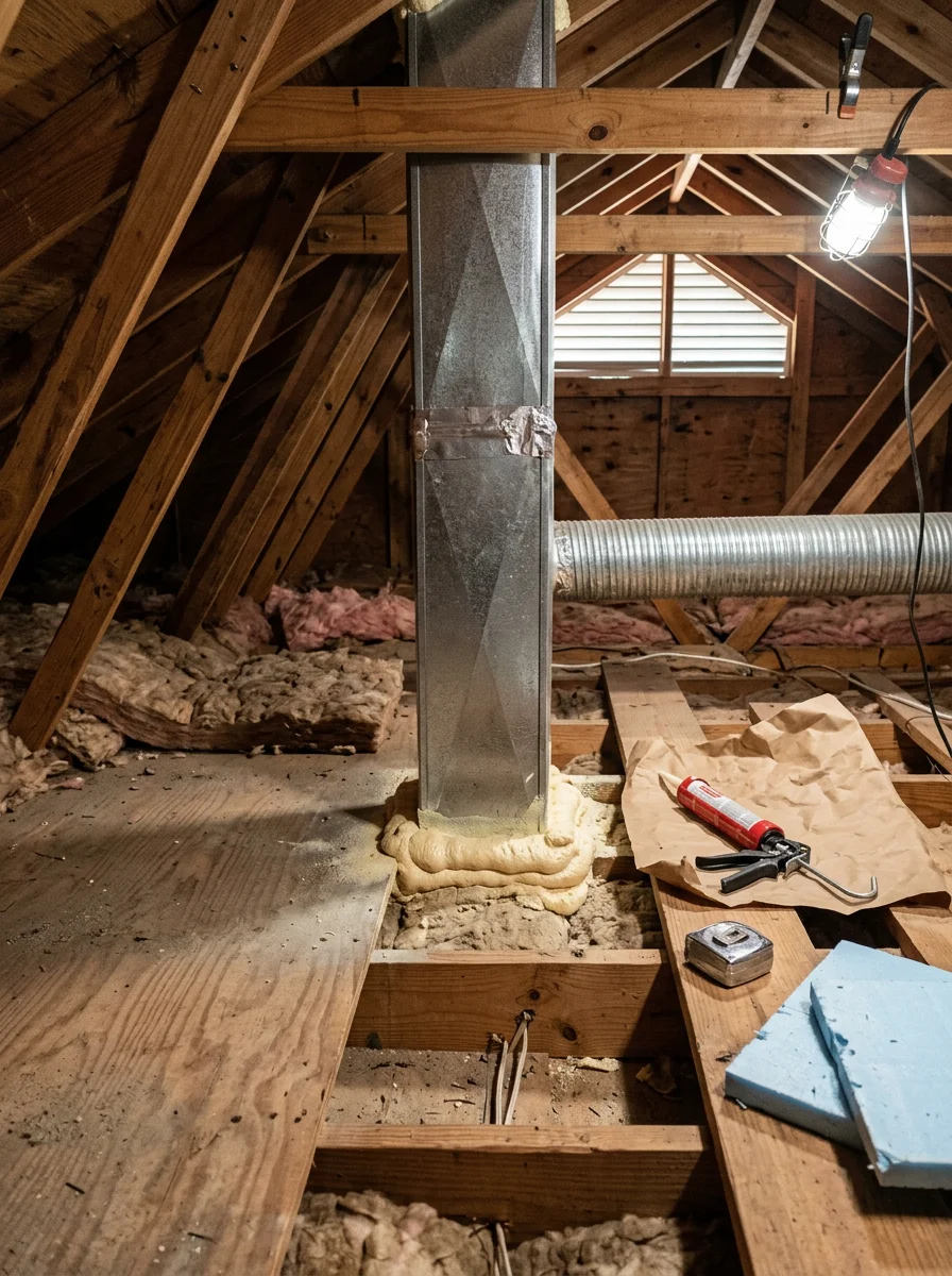 Technician performing attic air sealing around an HVAC chase penetration in a Union County home attic, applying foam sealant to close gaps in the ceiling plane.