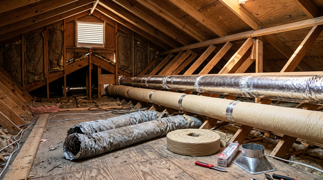 New insulated AC ductwork installed in a vented attic of a Jacksonville, Florida home, showing properly wrapped flex ducts replacing old deteriorated ductwork. The replacement ducts run across the attic floor toward ceiling registers in a single-family residence.