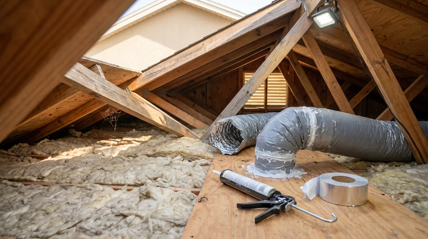 A technician applying mastic sealant to an AC duct joint in a Jacksonville, Florida attic. The image shows exposed flex duct connections being sealed to prevent conditioned air from escaping into the unconditioned attic space.