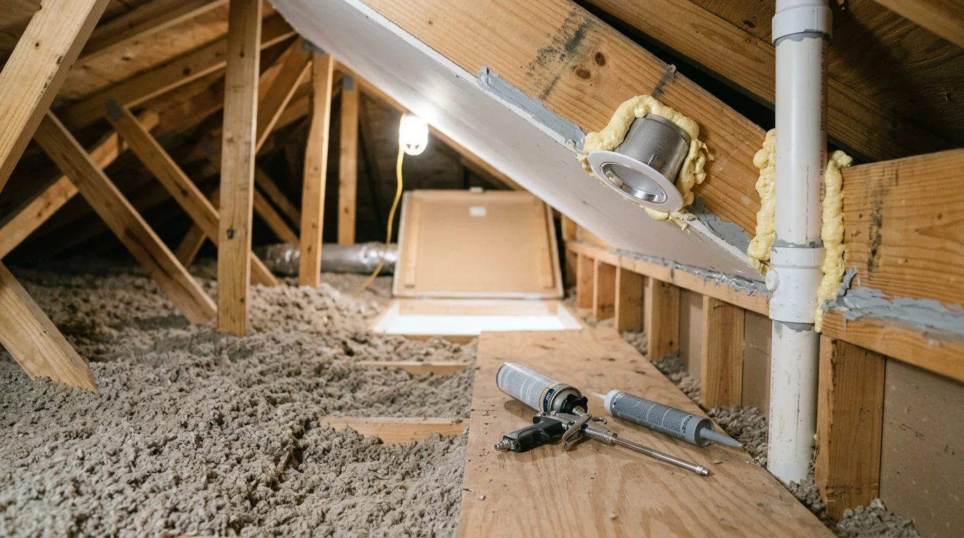 A Jacksonville, Florida attic ceiling showing sealed plumbing penetrations and recessed light housings with foam and caulk applied around each opening. The work is part of an attic air sealing and weatherization service completed by Blizzard Home Energy & Insulation.