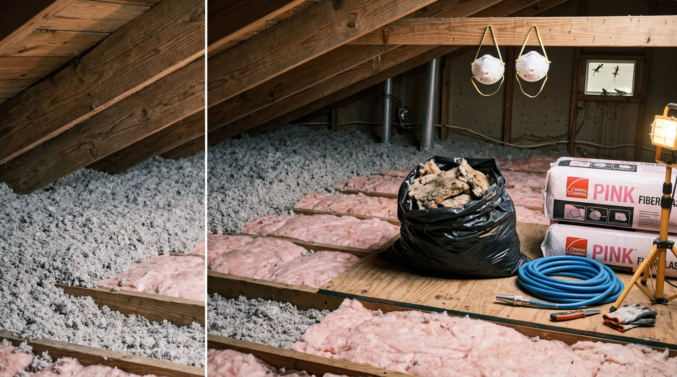 A Jacksonville attic after old, damaged insulation has been removed and replaced with fresh material, showing clean, even coverage across the attic floor. The image reflects the humid Northeast Florida climate context where proper attic insulation is a key part of home energy performance.