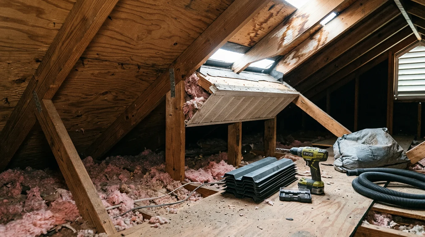 A Jacksonville, Florida attic showing clear soffit intake vents and a balanced ridge exhaust system, with dry roof decking and evenly distributed insulation visible below the rafters.