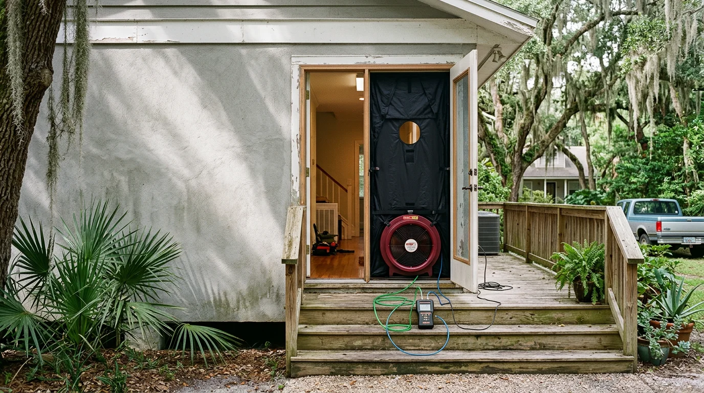 A blower door fan mounted in the front doorway of a Jacksonville, Florida home during an air leakage test. A technician reads pressure gauge results while the fan depressurizes the interior to measure envelope airtightness.