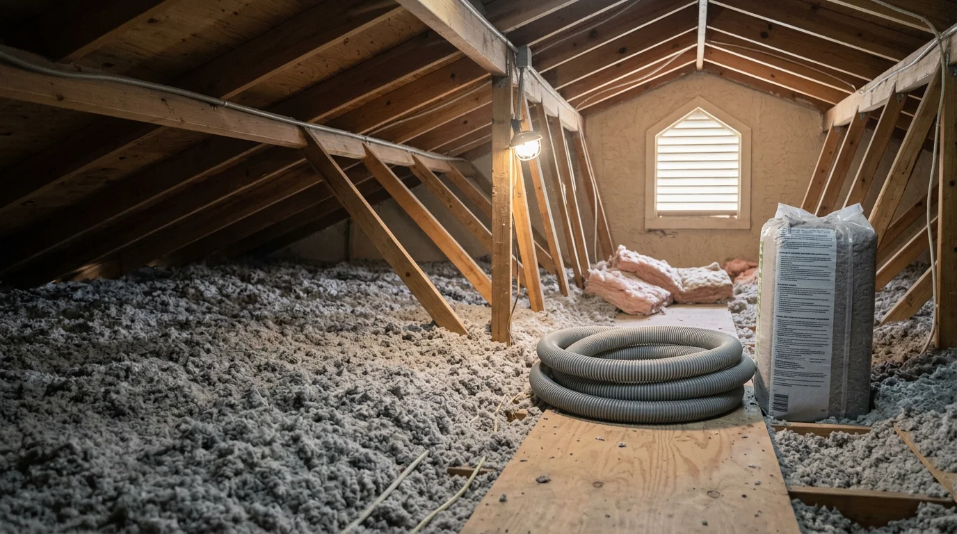 A Jacksonville, Florida attic floor covered in a uniform layer of loose-fill blown-in insulation installed between wood trusses. The insulation extends wall to wall, showing full coverage across the attic space of a residential home.