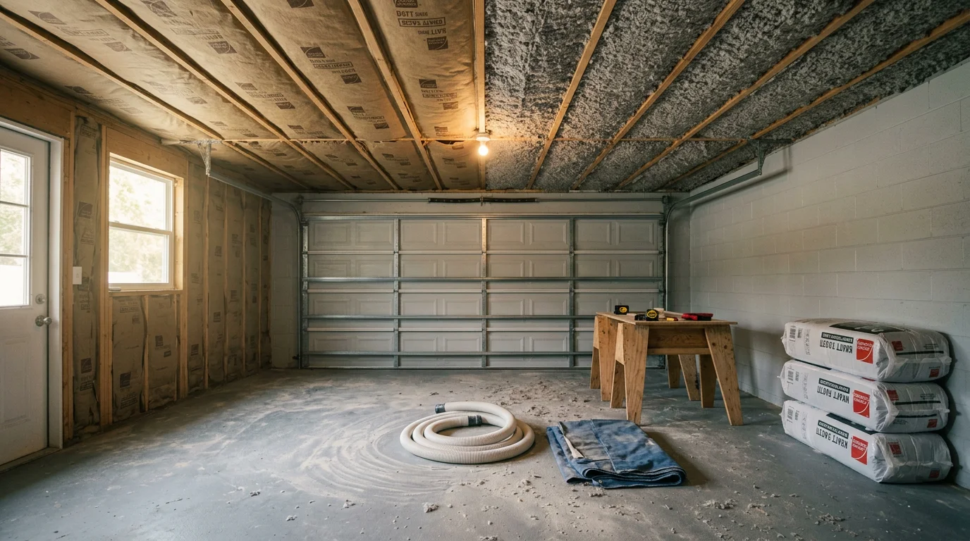 A Jacksonville, Florida garage ceiling being insulated between exposed joists, showing insulation installed to reduce heat transfer to the living space above. The image shows a residential garage interior with the ceiling assembly partially complete.