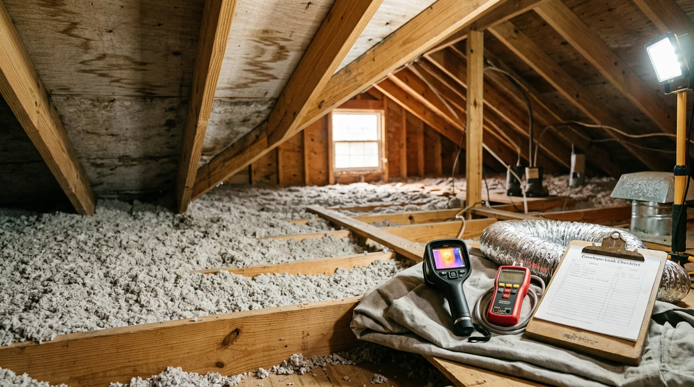 A home energy professional reviewing insulation and building envelope details inside a Jacksonville, Florida home during a residential energy assessment. The assessor examines attic access and wall construction as part of a full home energy review.