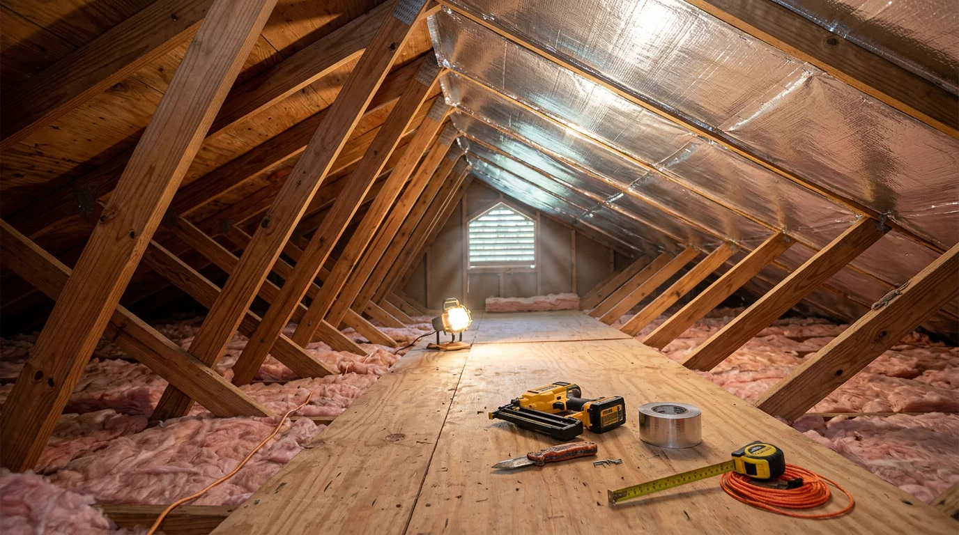 Reflective radiant barrier foil installed on the underside of a roof deck in a Jacksonville, Florida attic, with visible rafter bays and an air space between the barrier and the attic floor insulation below.