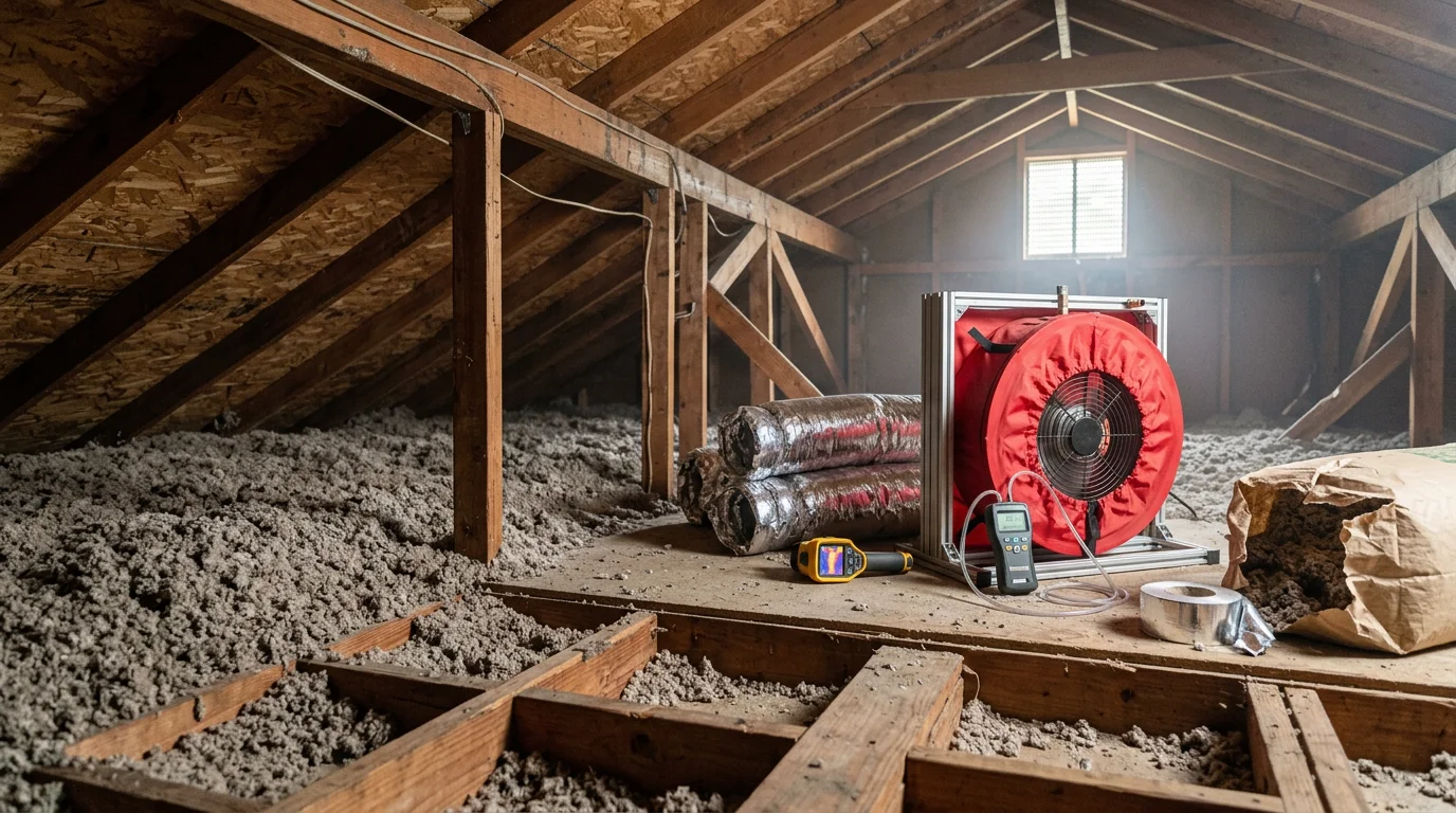 A home energy auditor inspecting attic insulation and ductwork in a Jacksonville, Florida home during a whole-home energy audit. The image shows exposed duct connections and attic space typical of Northeast Florida residential construction.